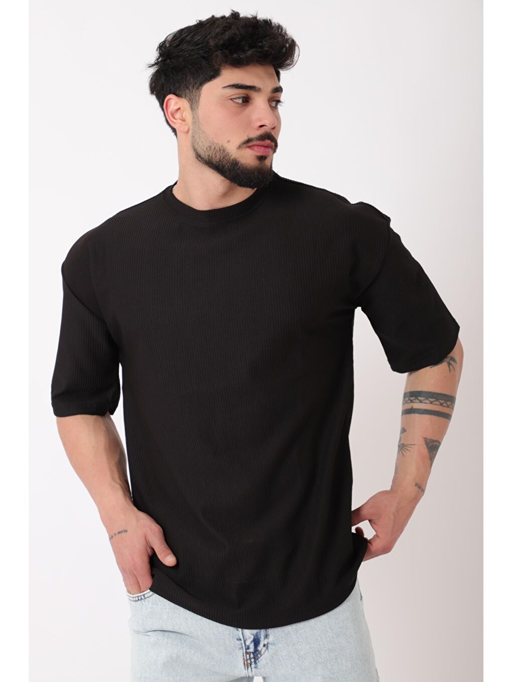 Siyah Çizgili Oversize Bisiklet Yaka %100 Pamuk Tişört STU-2452_30463-2