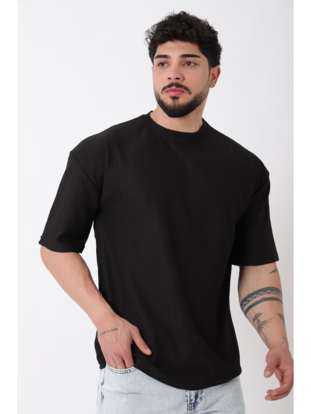 Siyah Çizgili Oversize Bisiklet Yaka %100 Pamuk Tişört STU-2452_30463-3