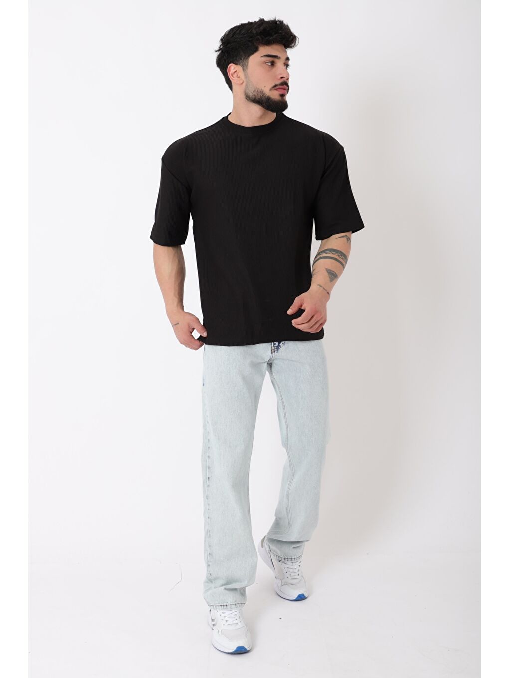 Siyah Çizgili Oversize Bisiklet Yaka %100 Pamuk Tişört STU-2452_30463-4