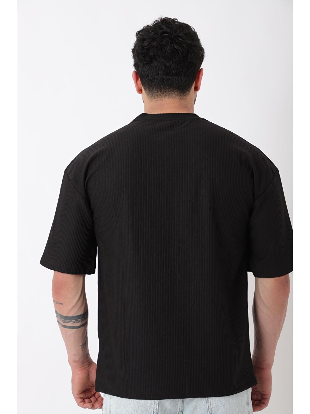 Siyah Çizgili Oversize Bisiklet Yaka %100 Pamuk Tişört STU-2452_30463-5