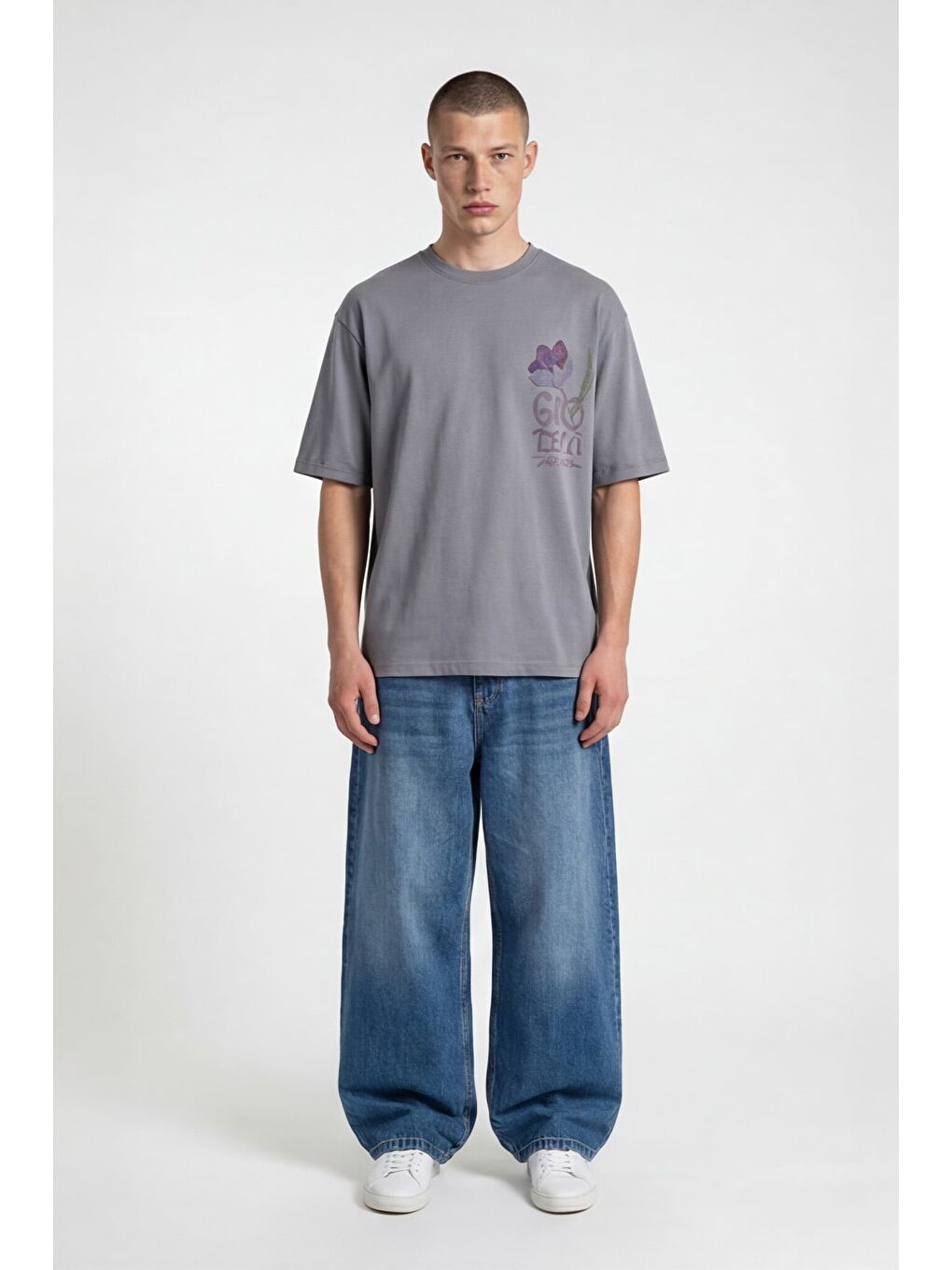 Giotelli Erkek Gri Geniş Kesim Oversize Fit Kısa Kollu Bisiklet Yaka Tişört-1