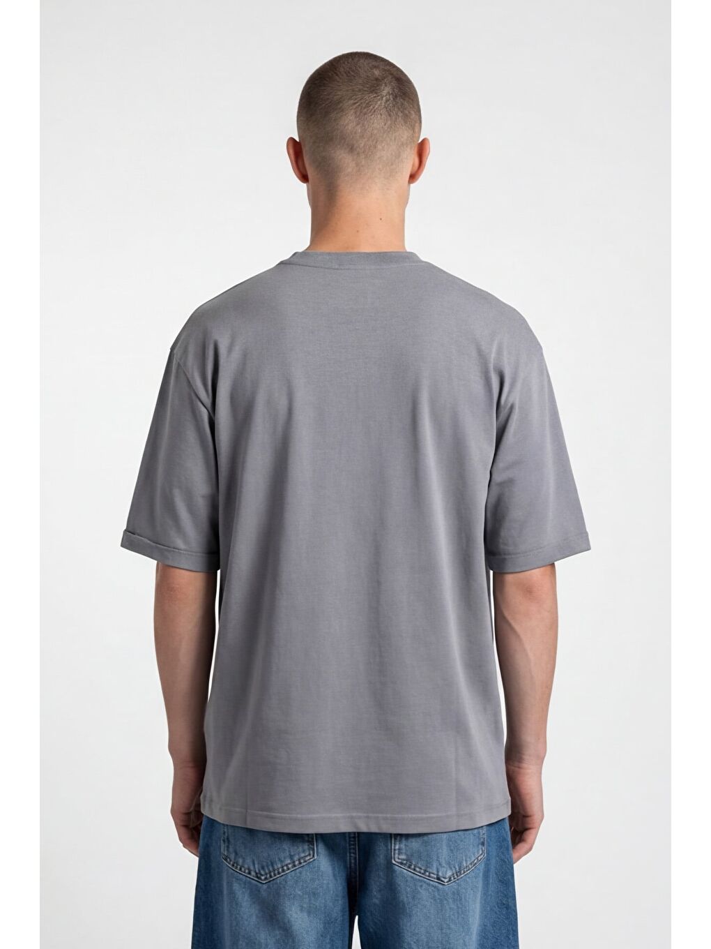 Giotelli Erkek Gri Geniş Kesim Oversize Fit Kısa Kollu Bisiklet Yaka Tişört-3