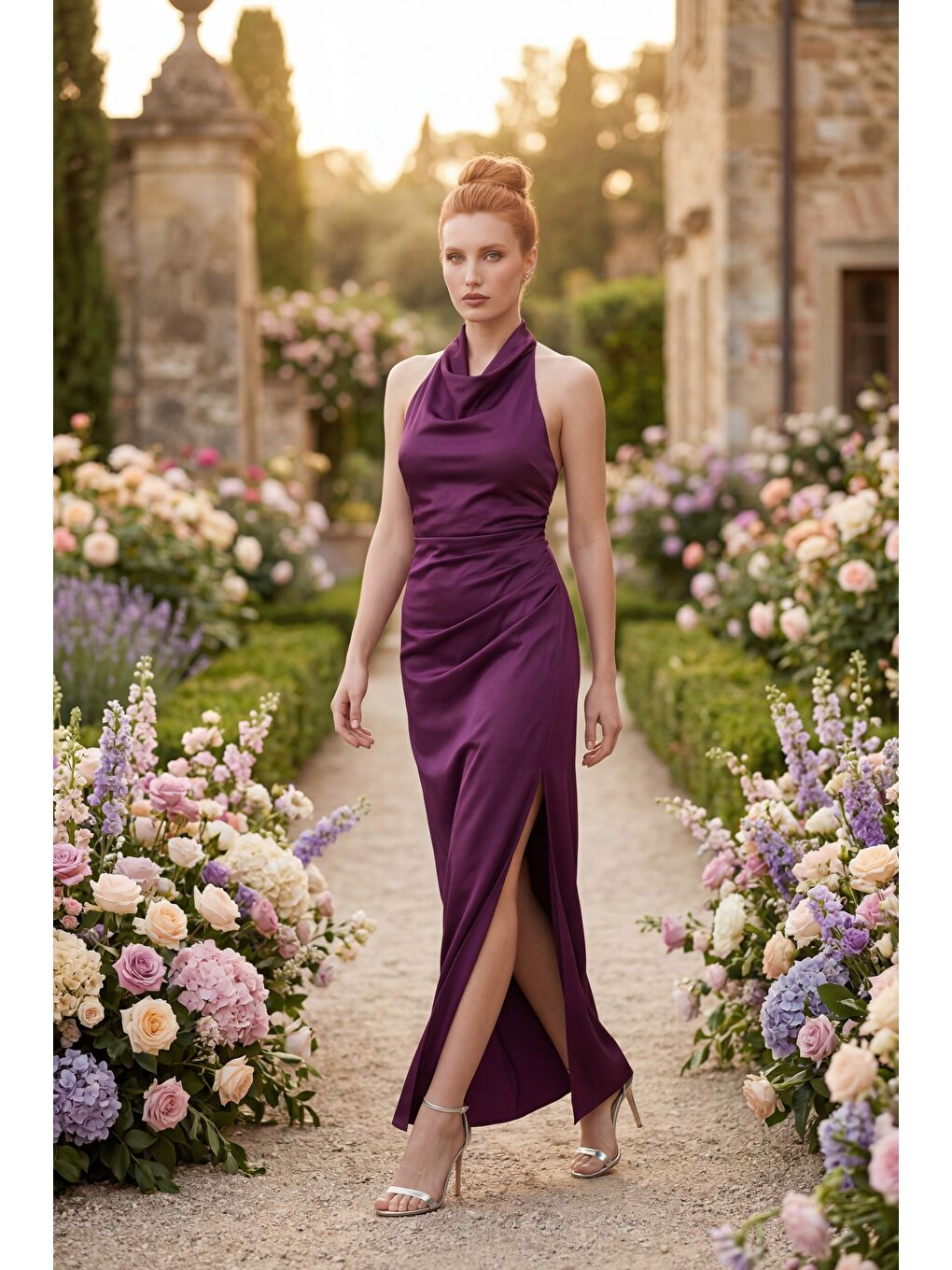 Kadın Mürdüm Sırt Dekolteli Uzun Saten Abiye Elbise-4