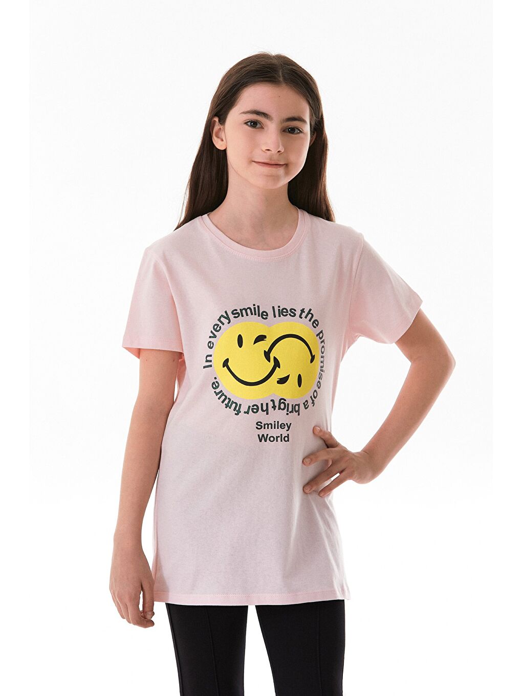 Pembe %100 Pamuk Gülen Yüz Ve Slogan Baskılı Kız Çocuk Tişört-4