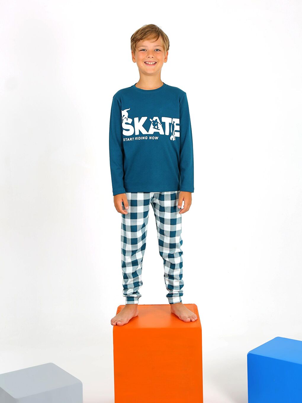 Petrol Erkek Çocuk Uzun Kollu %100 Pamuklu Pijama Takımı Star Skate-2