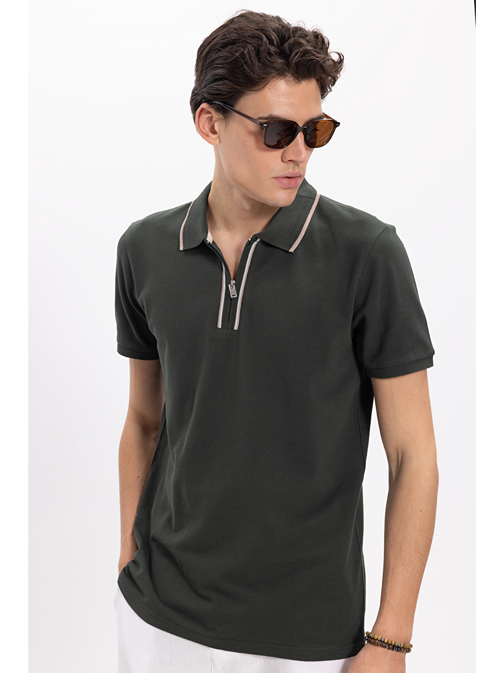 Erkek Slim Fit Dar Kesim %100 Pamuk Kısa Kollu Yarım Fermuarlı Yeşil Polo Yaka Tişört-6