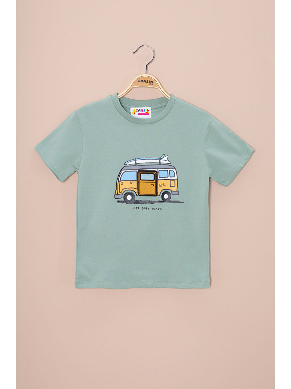 Yeşil Araba Baskılı Nakış Detaylı Erkek Çocuk Bisiklet Yaka Tişört 20958