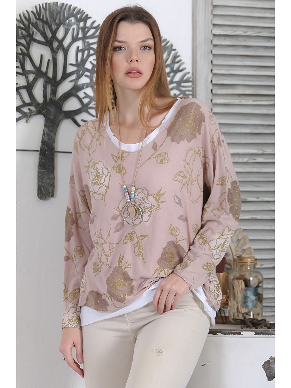 Kahverengi İtalyan Üçlü Set Gül Rengi Yarasa Kol Yaka Ve Etek Ucu Lurex İpli Kolyeli Ve İçi Basic Triko Bluz