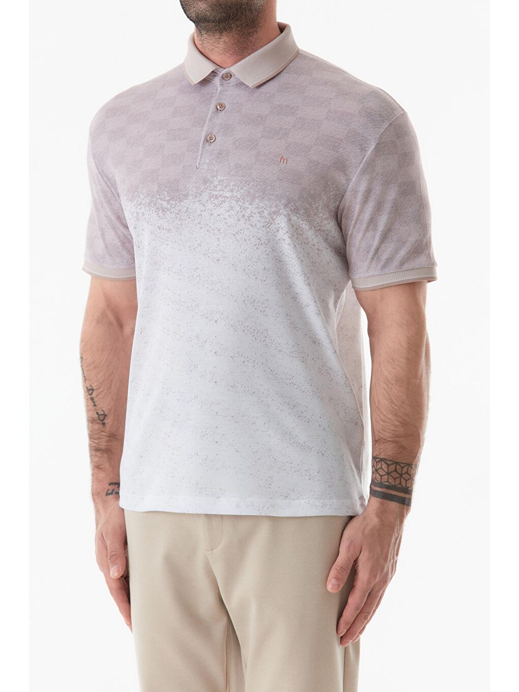 Bej Baskılı Polo Yaka Tişört-4