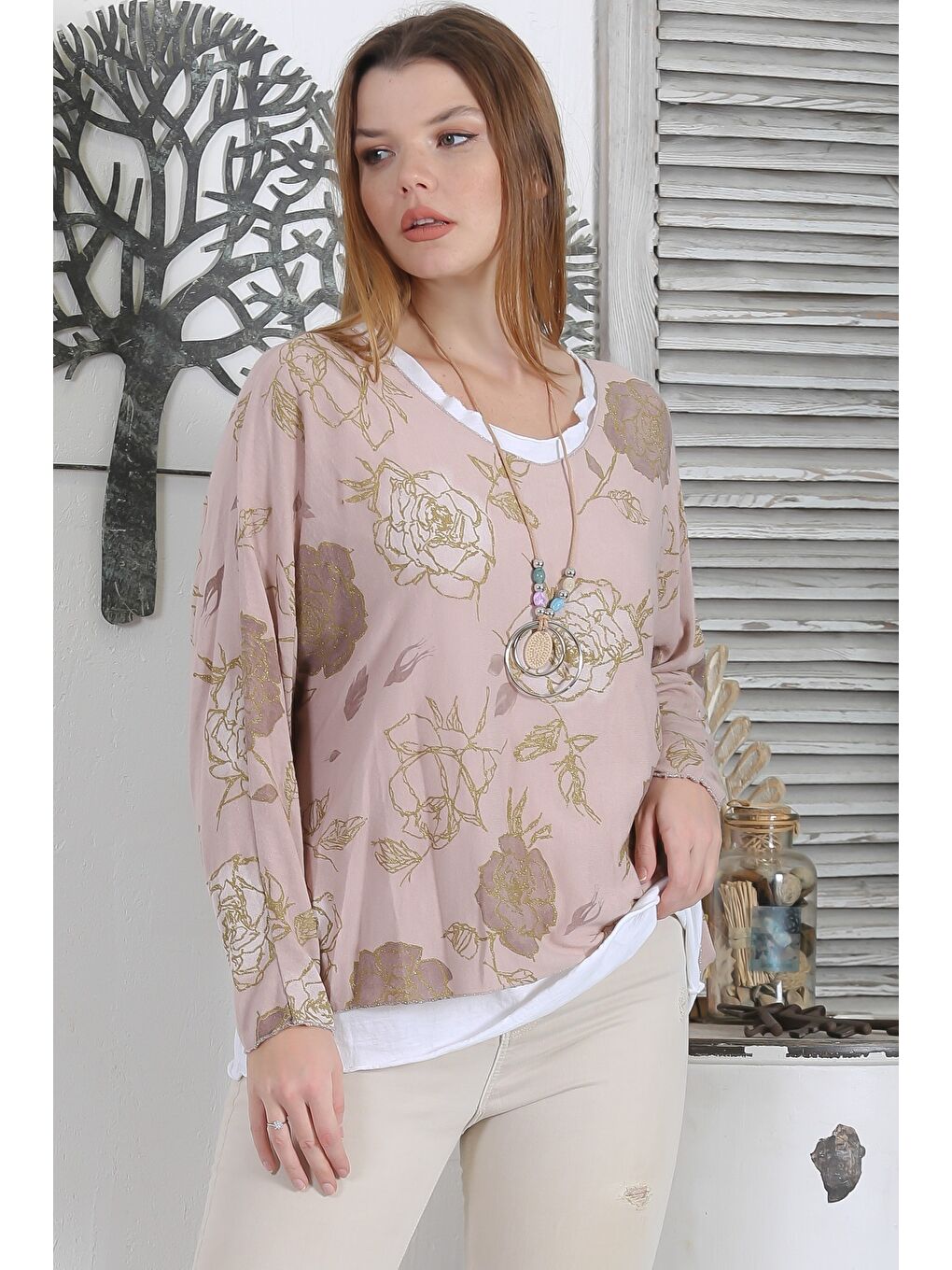 Kahverengi İtalyan Üçlü Set Gül Rengi Yarasa Kol Yaka Ve Etek Ucu Lurex İpli Kolyeli Ve İçi Basic Triko Bluz-1