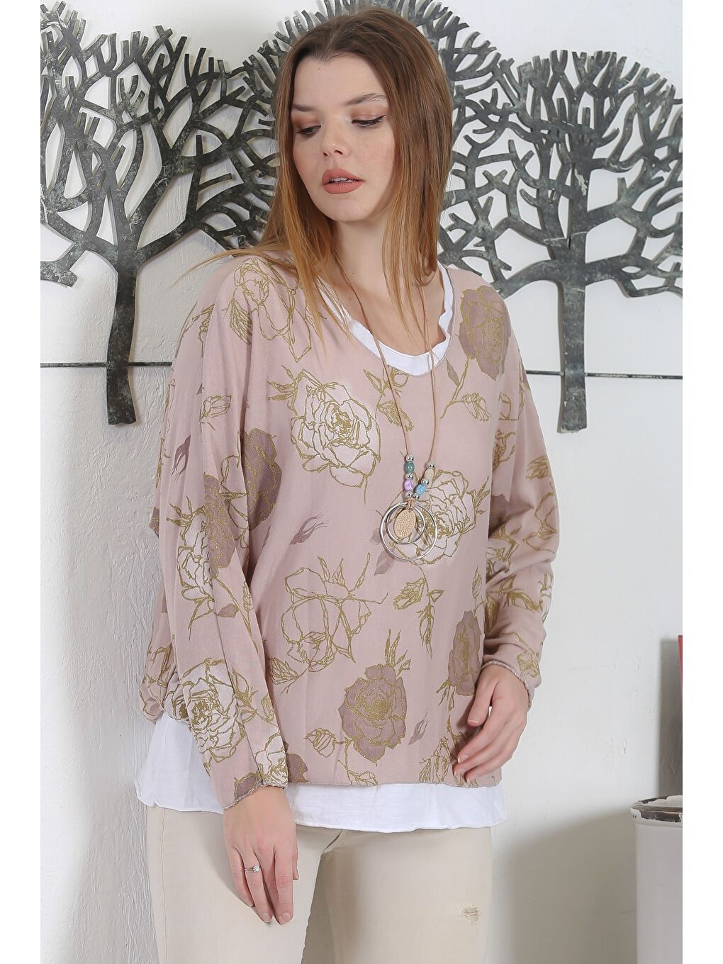 Kahverengi İtalyan Üçlü Set Gül Rengi Yarasa Kol Yaka Ve Etek Ucu Lurex İpli Kolyeli Ve İçi Basic Triko Bluz-3