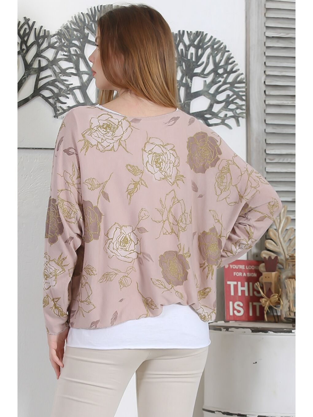 Kahverengi İtalyan Üçlü Set Gül Rengi Yarasa Kol Yaka Ve Etek Ucu Lurex İpli Kolyeli Ve İçi Basic Triko Bluz-4