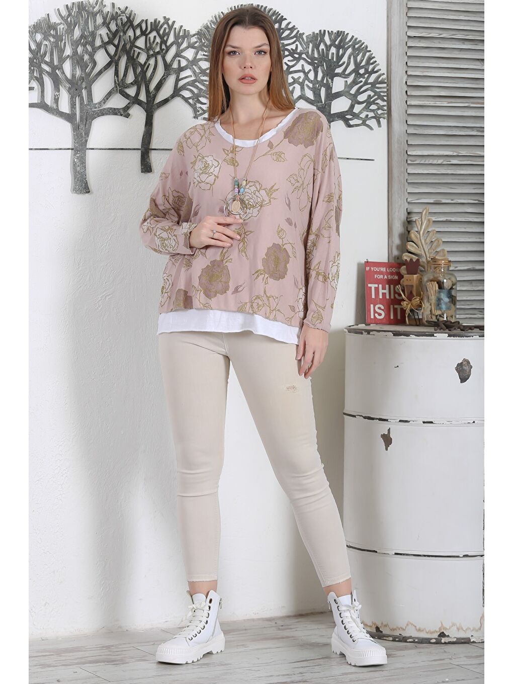 Kahverengi İtalyan Üçlü Set Gül Rengi Yarasa Kol Yaka Ve Etek Ucu Lurex İpli Kolyeli Ve İçi Basic Triko Bluz-5