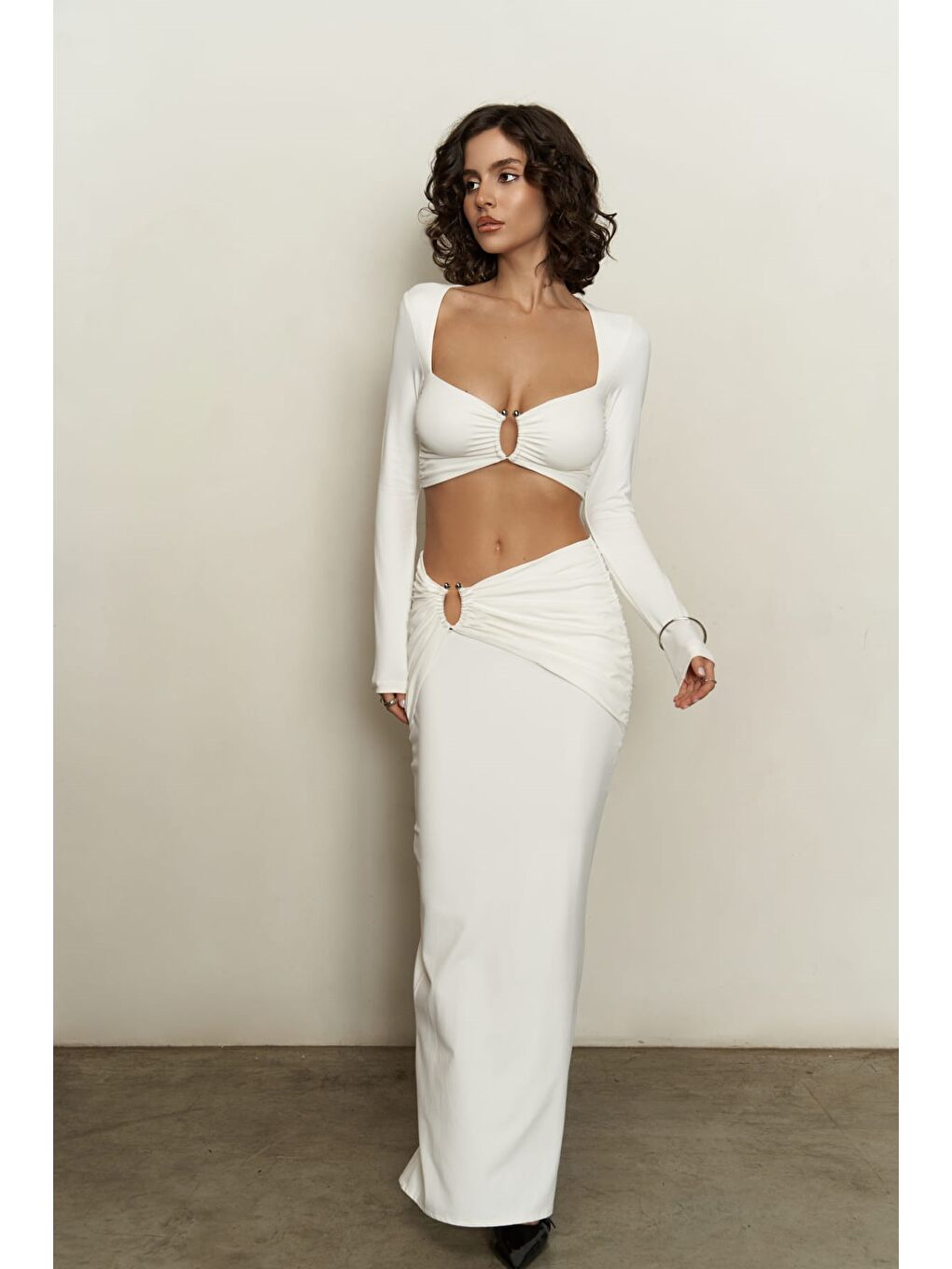 Corsy Halka Detay Ekru Crop Etek Takım