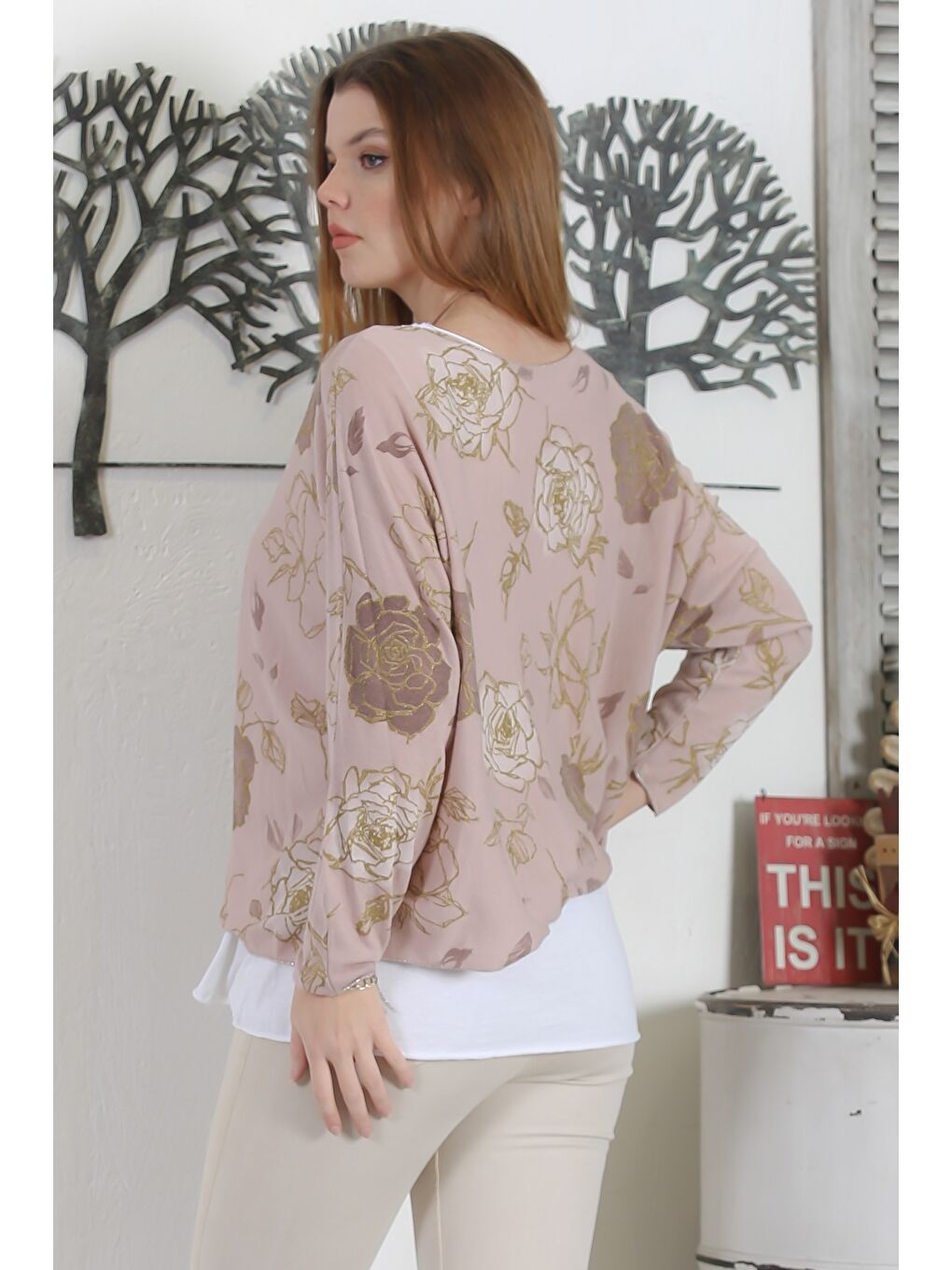 Kahverengi İtalyan Üçlü Set Gül Rengi Yarasa Kol Yaka Ve Etek Ucu Lurex İpli Kolyeli Ve İçi Basic Triko Bluz-7