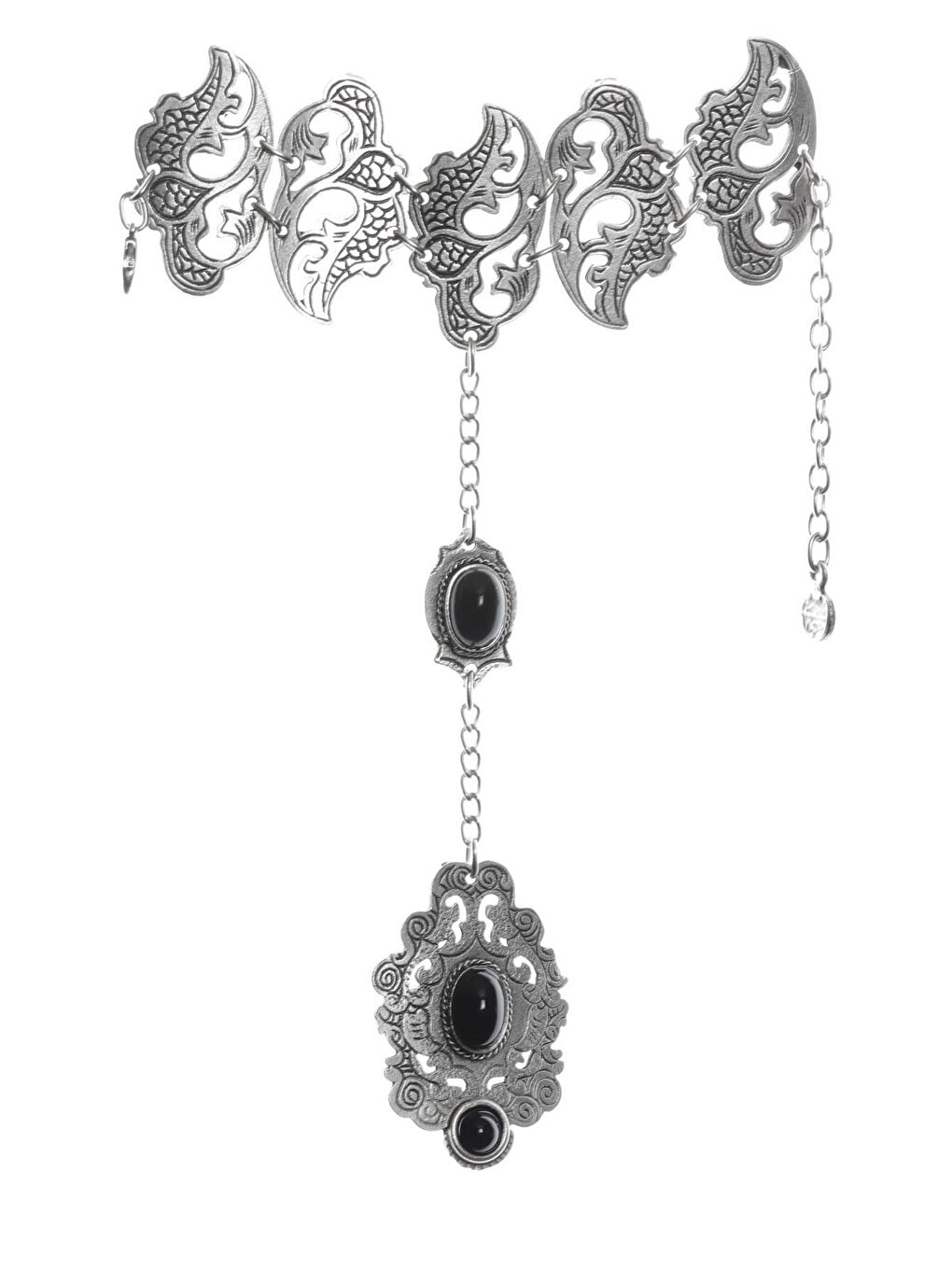 Gri Kadın Antik Gümüş Kaplama  Boncuklu Etnik Motifli Ayarlanabilir Zincirli El Şahmeranı