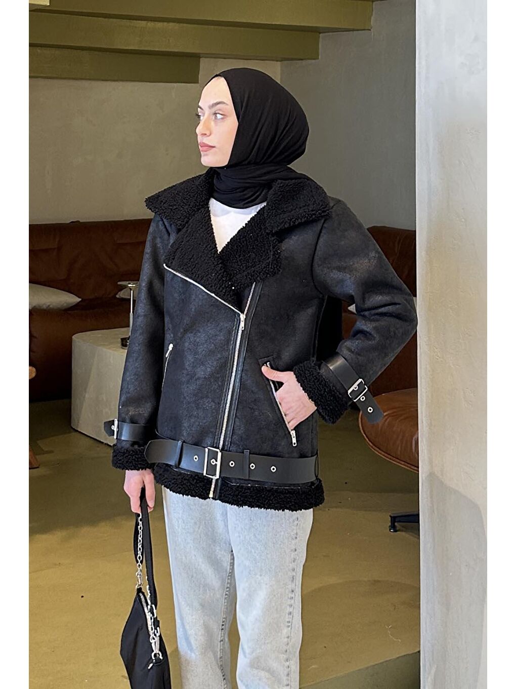 İçi Kürklü Biker Süet Mont Siyah-1