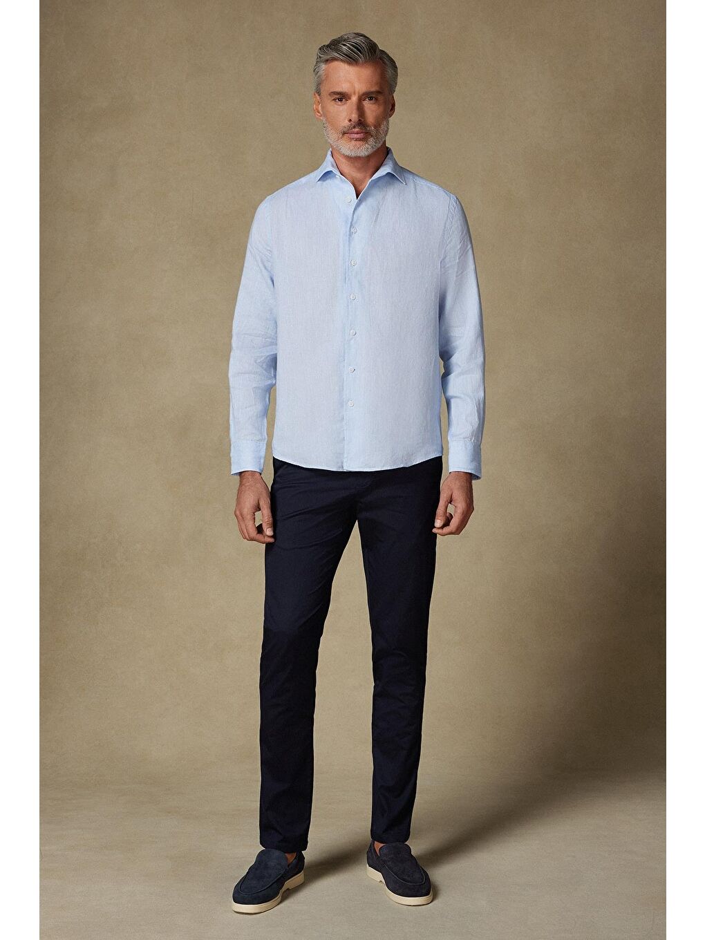 Bella Keten Comfort Fit Açık Mavi Mostra Yaka Erkek Düz Gömlek-2