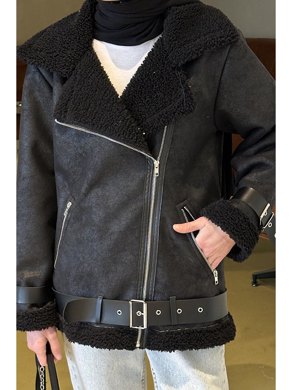 İçi Kürklü Biker Süet Mont Siyah-2