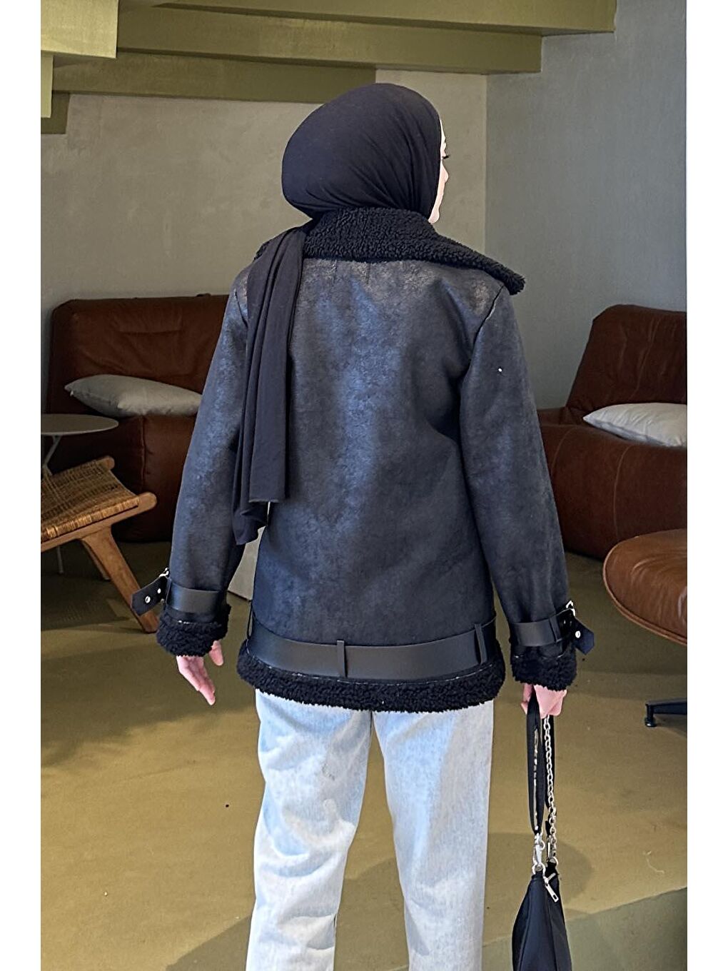 İçi Kürklü Biker Süet Mont Siyah-3