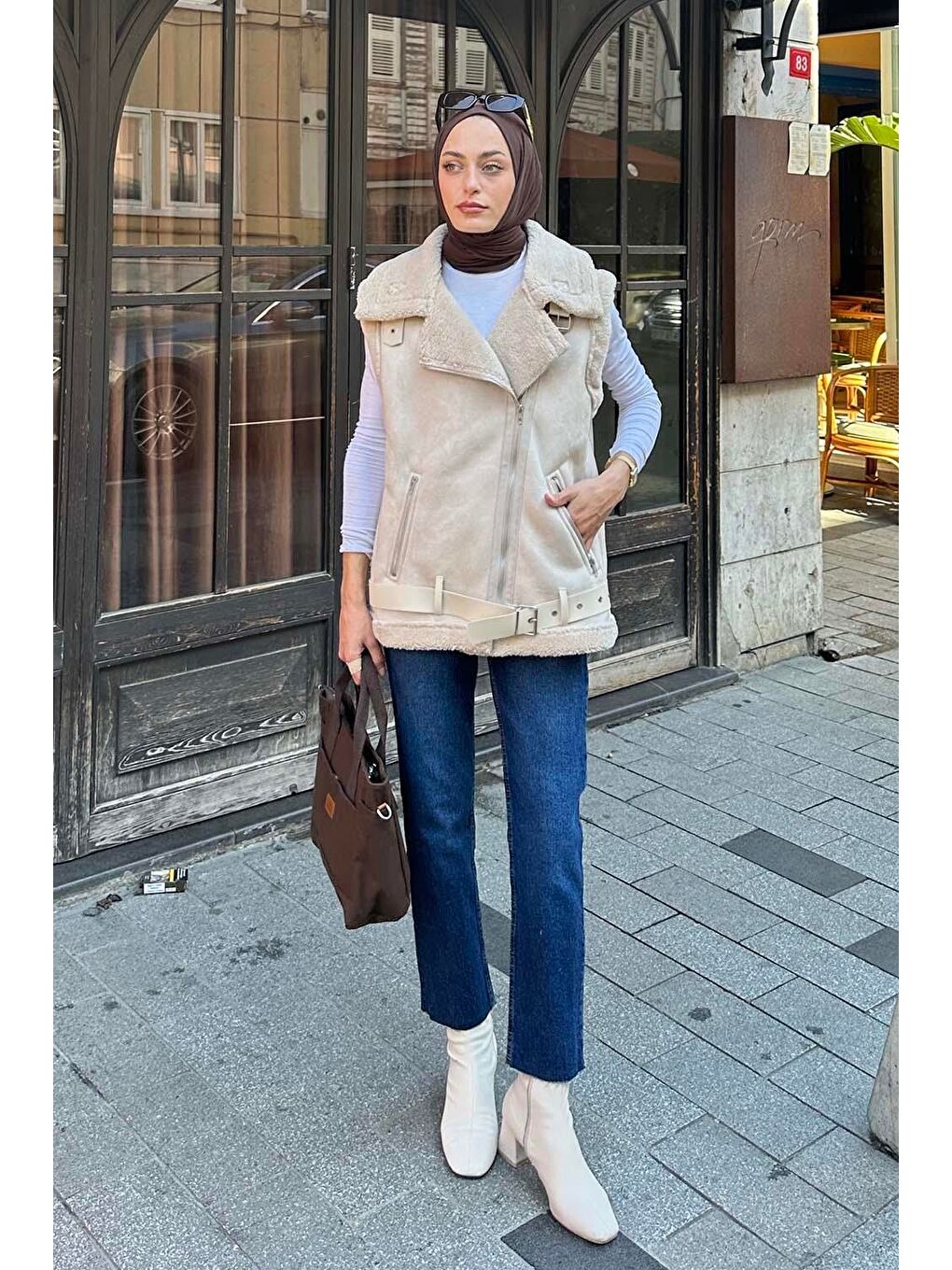 Kürk Detaylı Süet Yelek Bej