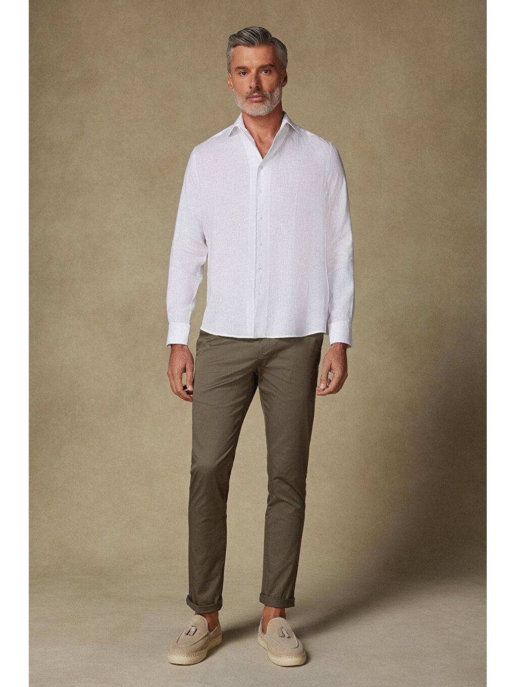 Bella Keten Comfort Fit Beyaz Mostra Yaka Erkek Düz Gömlek-2