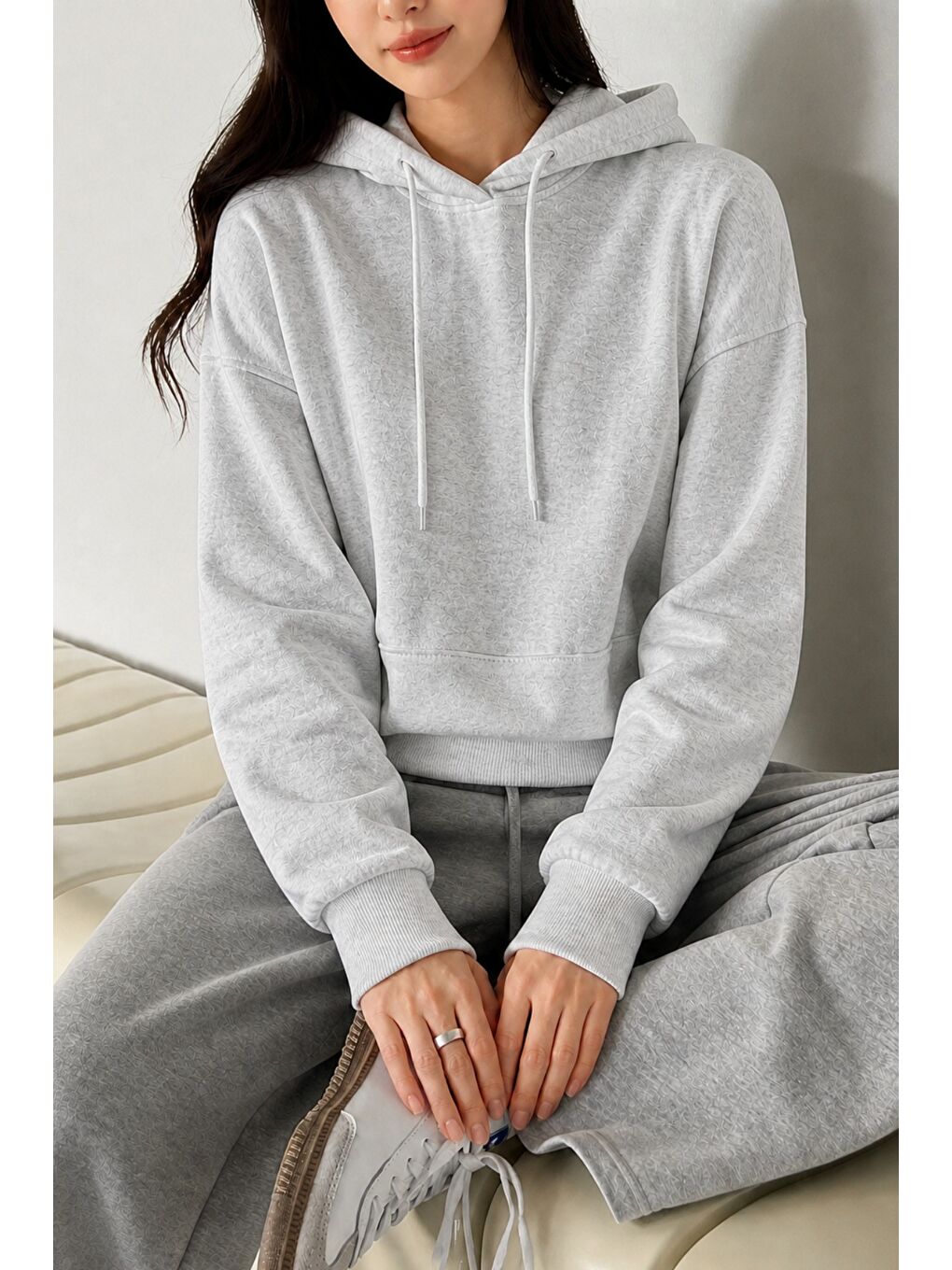Gri Kadın Oversize Kapüşonlu Sweatshirt Rahat Kalıp Günlük Basic Hoodie-2