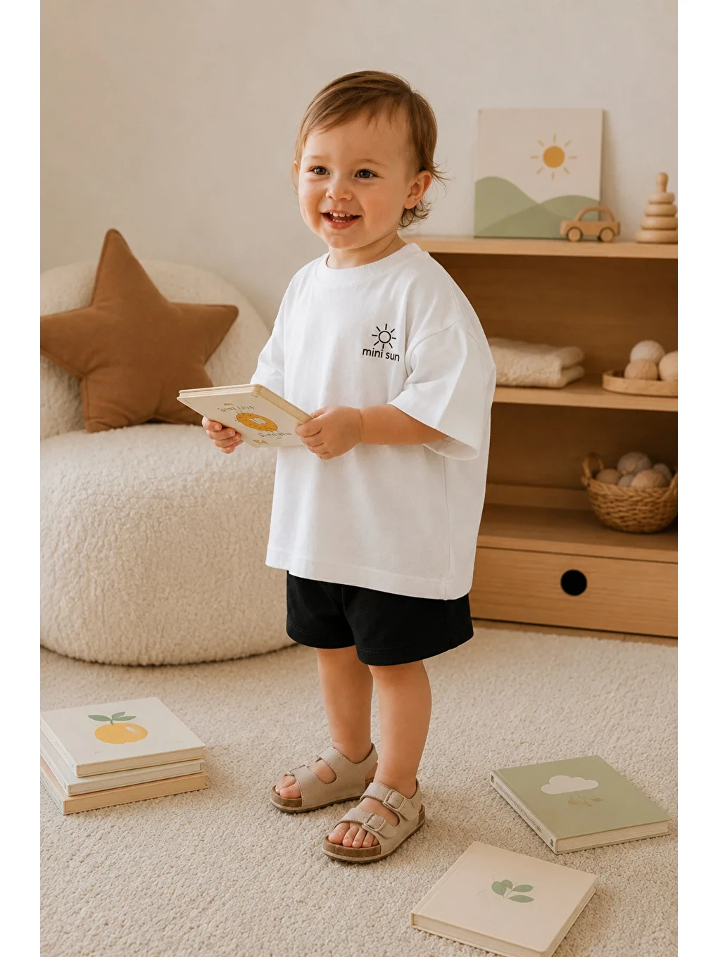 Siyah Unisex Çocuk Mini Sun Baskılı Oversize Tişört Şort Yazlık Takım 1-5 Yaş-2