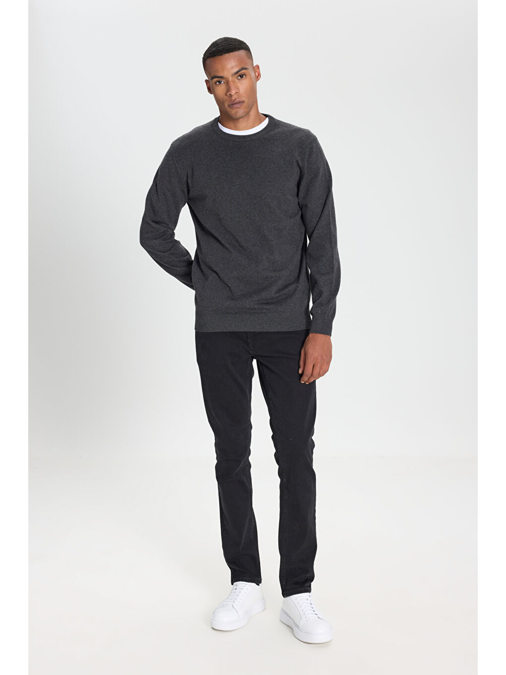 Erkek Antrasit-Melanj Pamuklu Standart Fit Normal Kesim Bisiklet Yaka Triko Kazak-1