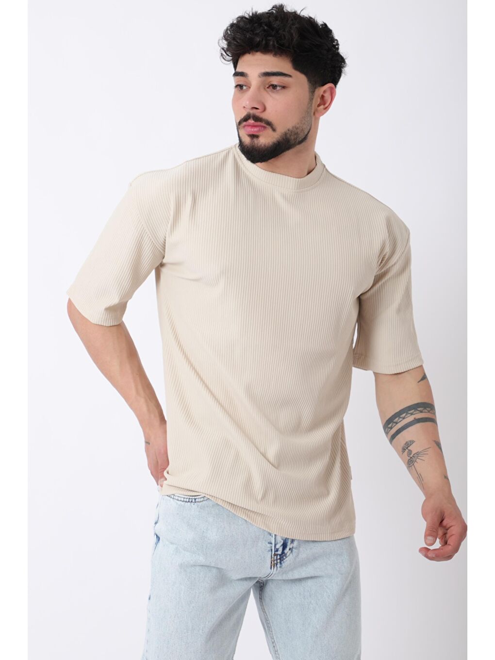 Bej Çizgili Oversize Bisiklet Yaka %100 Pamuk Tişört STU-2452_30463