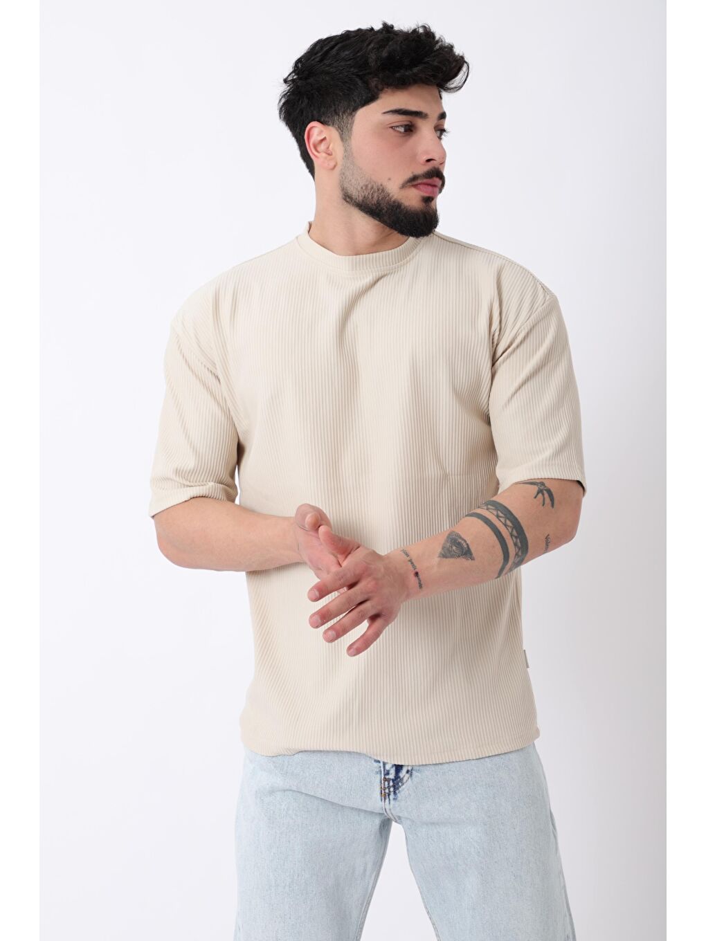 Bej Çizgili Oversize Bisiklet Yaka %100 Pamuk Tişört STU-2452_30463-1