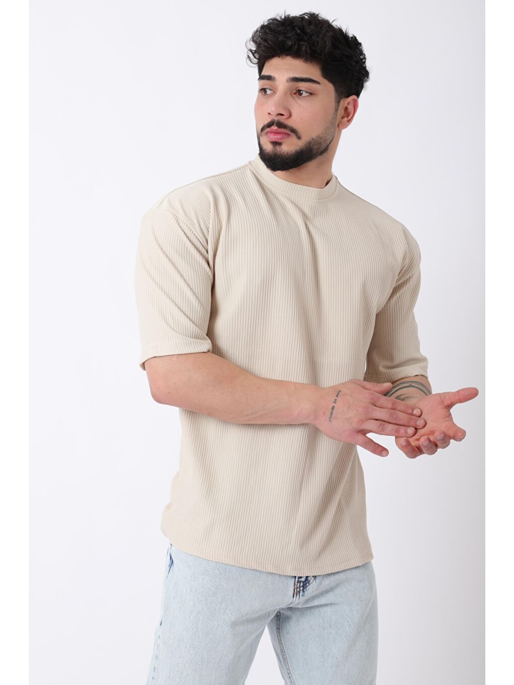 Bej Çizgili Oversize Bisiklet Yaka %100 Pamuk Tişört STU-2452_30463-2