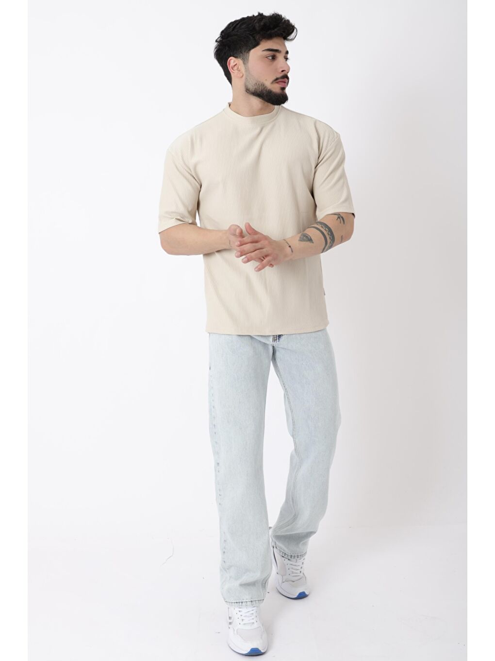 Bej Çizgili Oversize Bisiklet Yaka %100 Pamuk Tişört STU-2452_30463-3