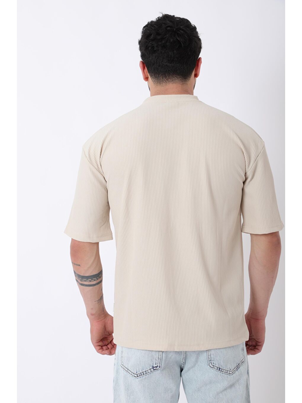 Bej Çizgili Oversize Bisiklet Yaka %100 Pamuk Tişört STU-2452_30463-4