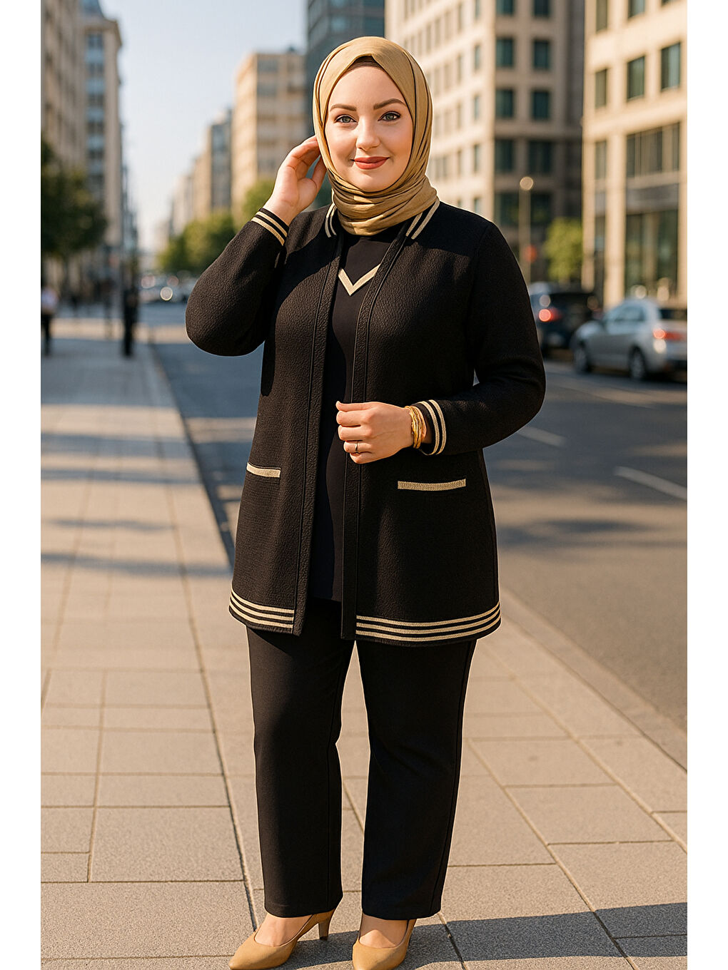 File Ceket Ribana Detaylı 3'lü Takım 25100 Siyah