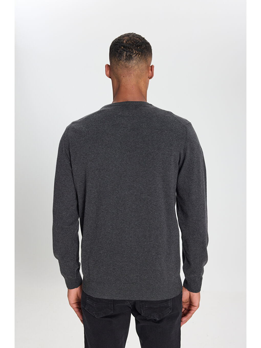 Erkek Antrasit-Melanj Pamuklu Standart Fit Normal Kesim Bisiklet Yaka Triko Kazak-5