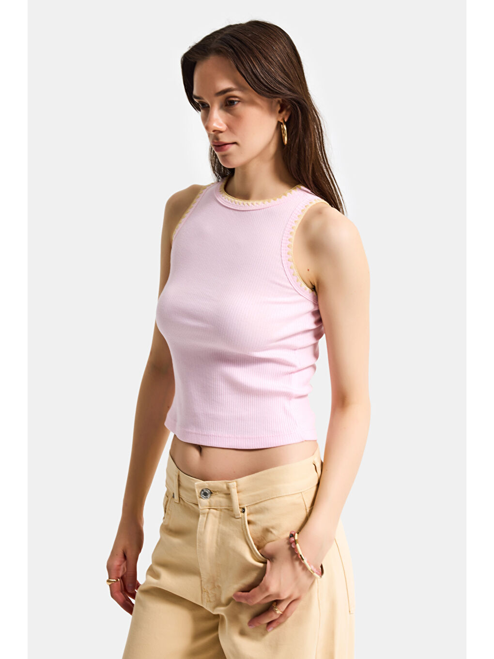 Kadın Pembe s6-98 Crop Fit Süper Elastan Sarı İşlemeli Body-5