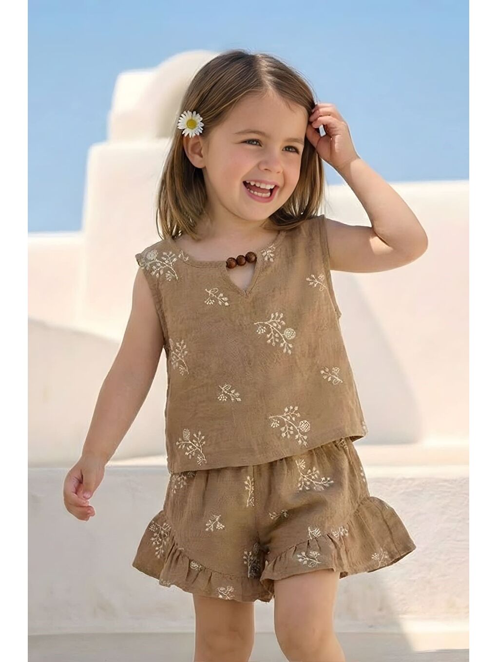 Kız Çocuk Nakışlı Bluz Ve Şort Takım - Bej