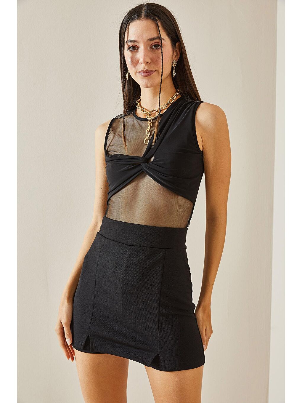 Siyah Transparan Detaylı Crop Bluz 5YXK2-48609-02-1