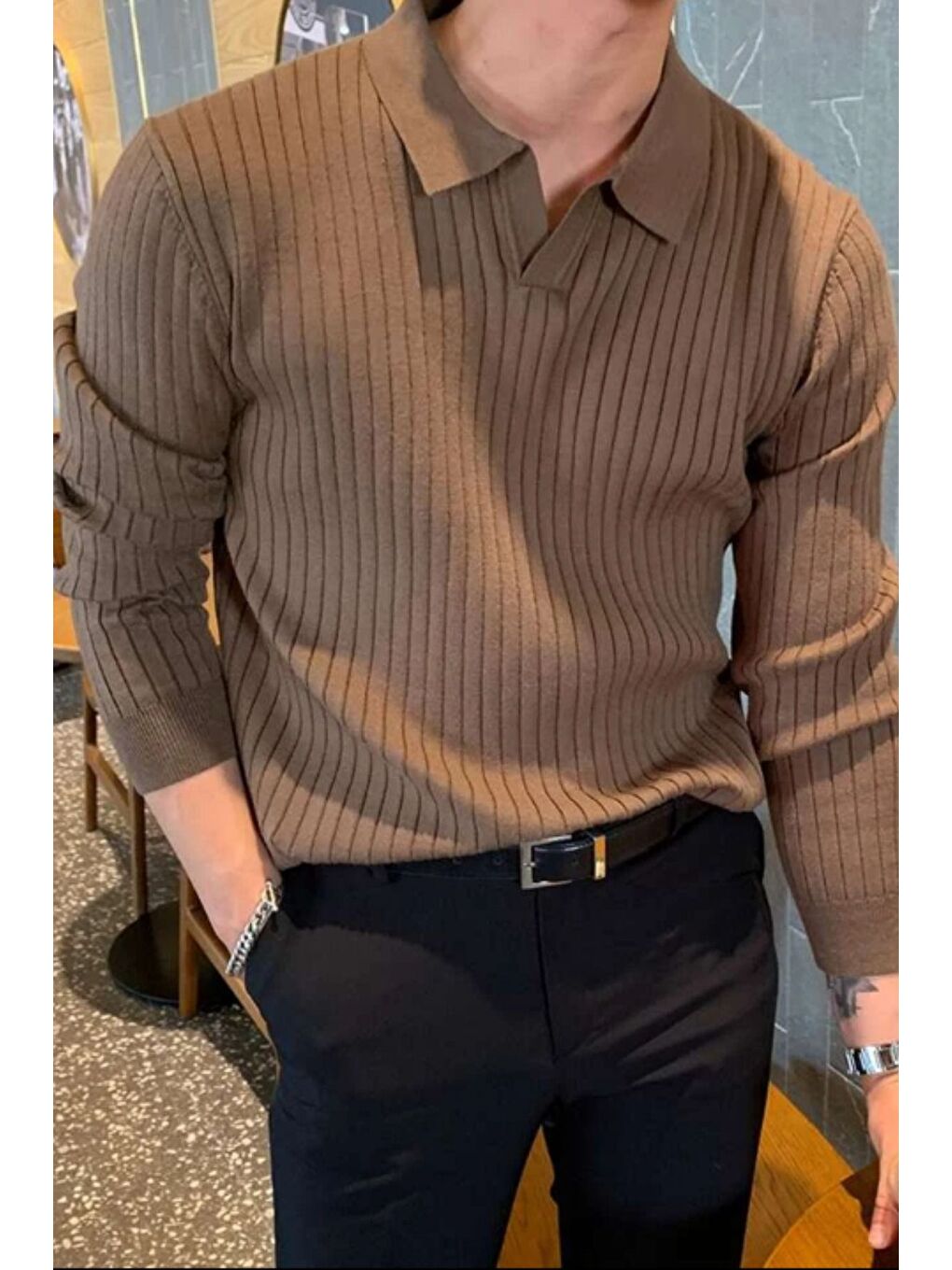 Kahverengi Kahve Erkek Polo Yaka Fitilli Triko Kazak