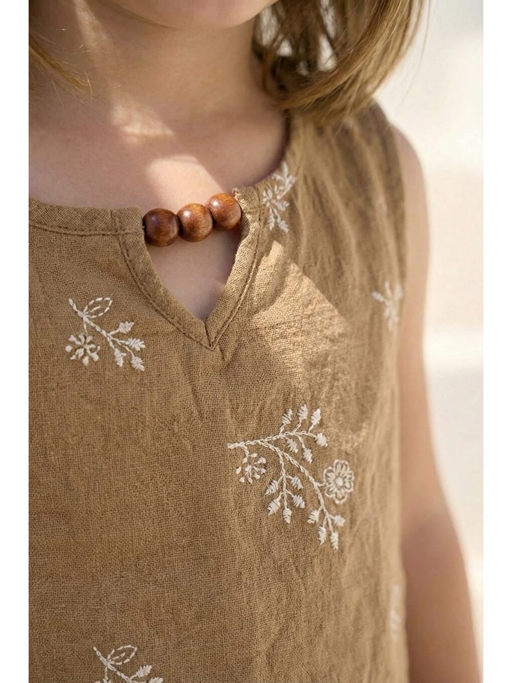 Kız Çocuk Nakışlı Bluz Ve Şort Takım - Bej-1