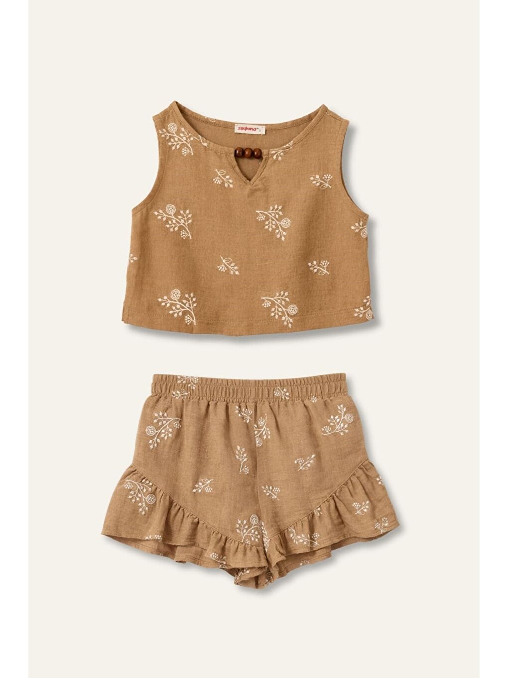 Kız Çocuk Nakışlı Bluz Ve Şort Takım - Bej-2