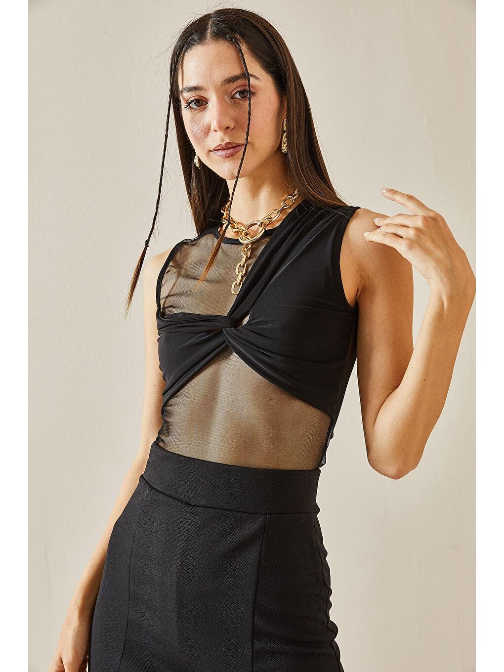 Siyah Transparan Detaylı Crop Bluz 5YXK2-48609-02-2