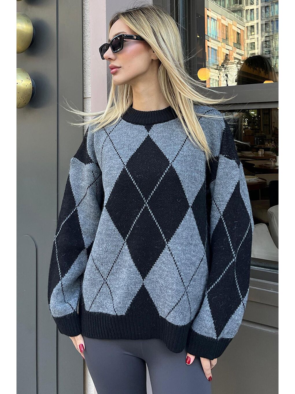 Siyah Baklava Desen Kadın Triko Kazak Mg2190-6