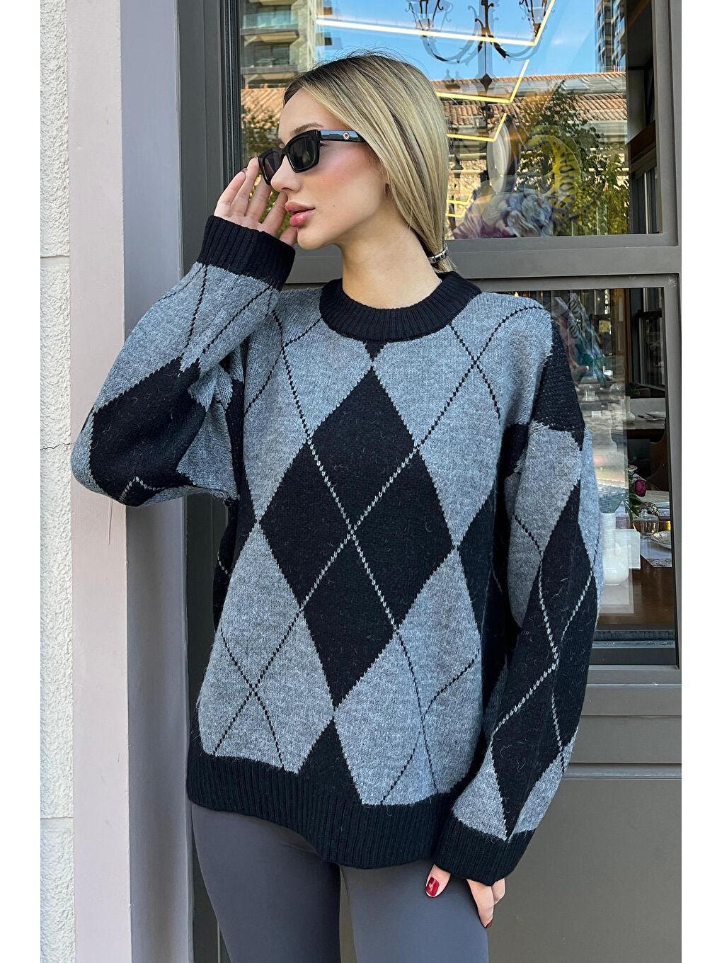 Siyah Baklava Desen Kadın Triko Kazak Mg2190-7