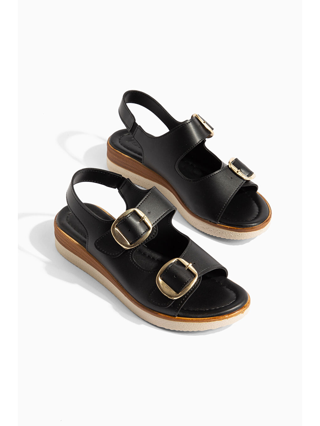 Siyah D0763 Günlük Ortopedik Çift Bantlı Tokalı Kadın Sandalet