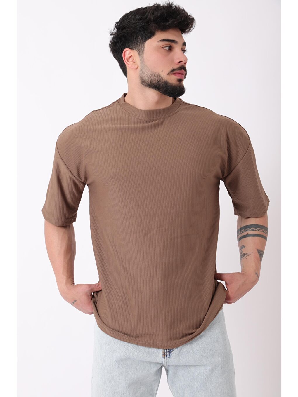 Kahverengi Çizgili Oversize Bisiklet Yaka %100 Pamuk Tişört STU-2452_30463