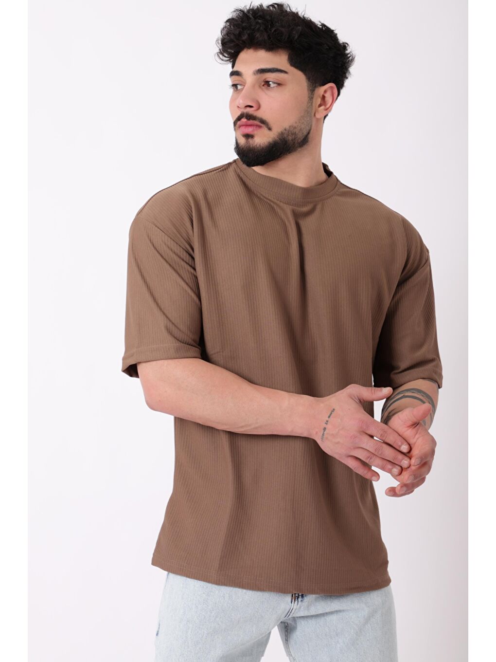 Kahverengi Çizgili Oversize Bisiklet Yaka %100 Pamuk Tişört STU-2452_30463-1