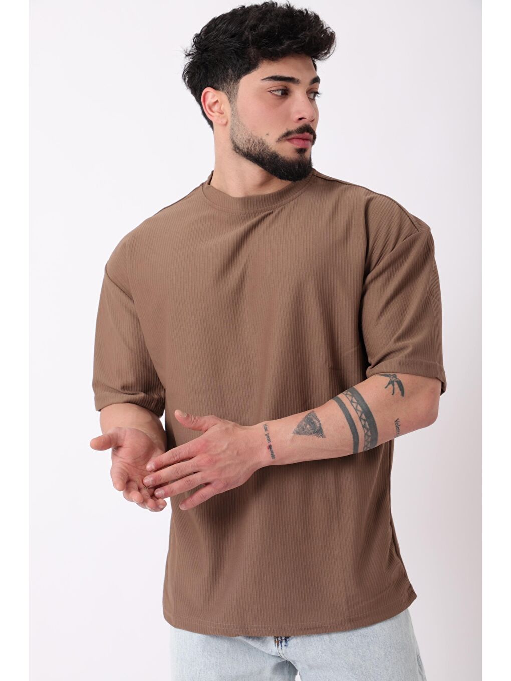 Kahverengi Çizgili Oversize Bisiklet Yaka %100 Pamuk Tişört STU-2452_30463-2