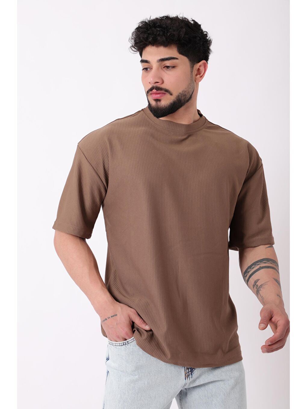 Kahverengi Çizgili Oversize Bisiklet Yaka %100 Pamuk Tişört STU-2452_30463-3